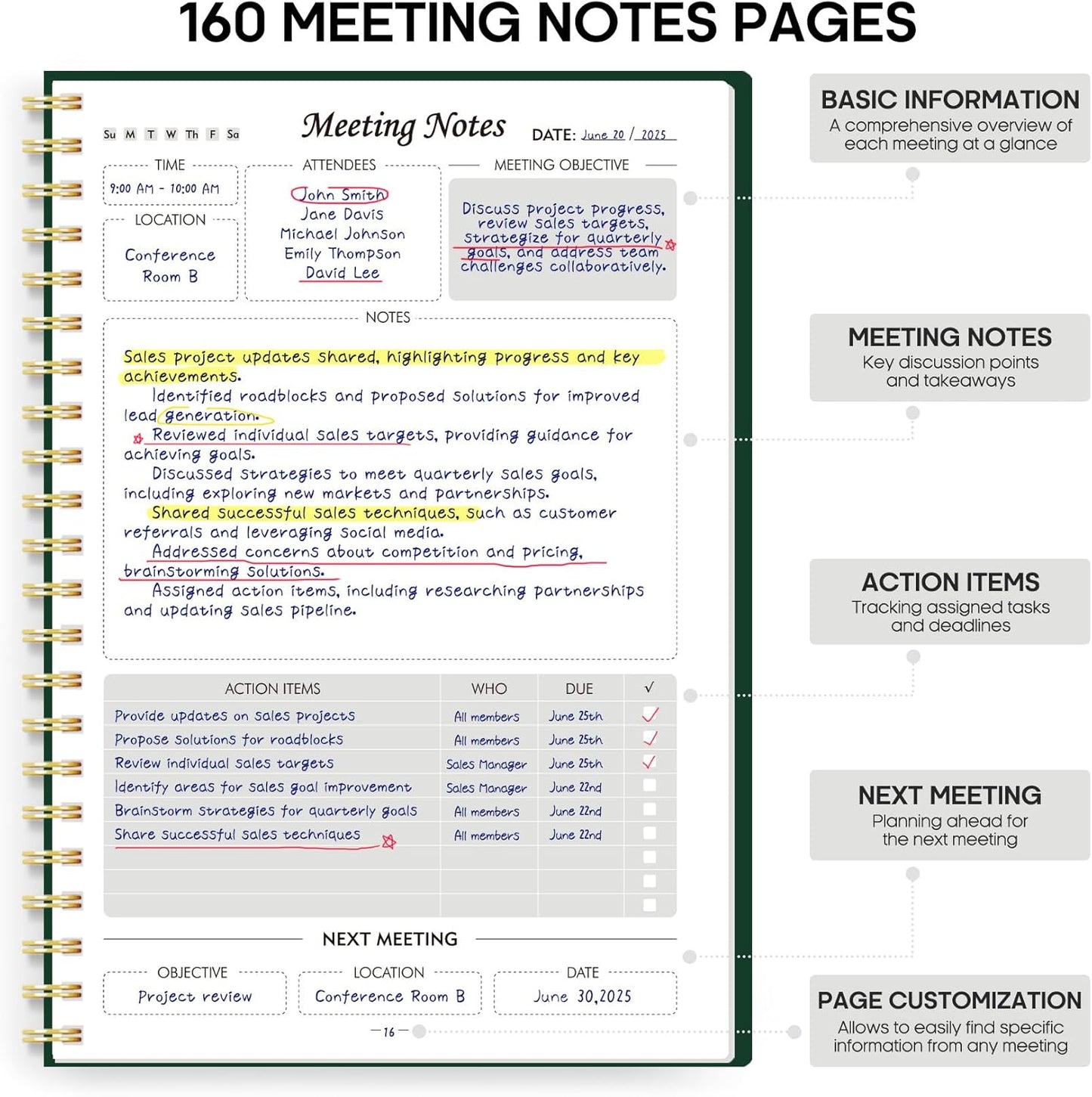 Taja Meeting Notebook for Work Organization - Work Planner Notebook with Action Items, Agenda Planner for Note Taking, 160 Pages (6.9" X 9.9") Project Organizer for Men & Women - Blue