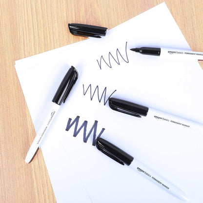 Amazon Basics Fine Tip Permanent Markers for Writing, Drawing, Quick Drying, Office, School, and Home Use, Black, 24 Pack