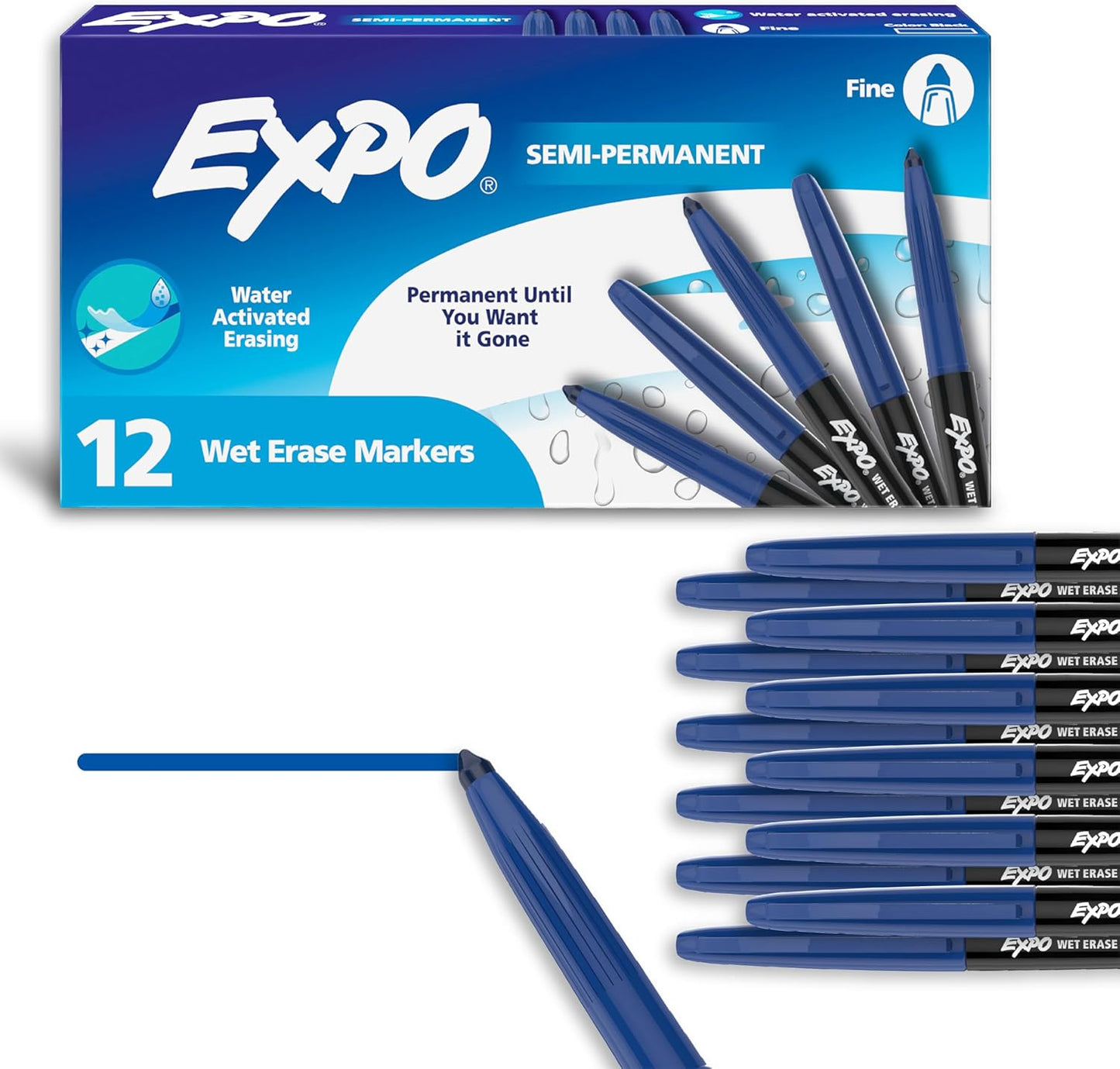 EXPO Wet Erase Markers, Semi-Permanent, Black, Ultra Fine Tip, 12 Count - For Writing on Glass, Whiteboards, Mirrors, Calendar, Labeling, Organizing