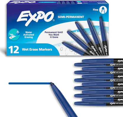 EXPO Wet Erase Markers, Semi-Permanent, Black, Ultra Fine Tip, 12 Count - For Writing on Glass, Whiteboards, Mirrors, Calendar, Labeling, Organizing