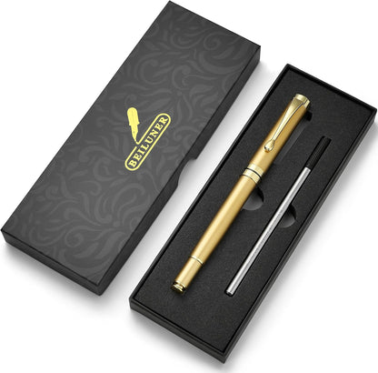BEILUNER Ballpoint Pens, Stunning Black Chrome Metal Pen with Golden Trim, Best Ball Pen Gift Set for Men & Women, Professional, Executive, Office, Nice Pens-Gift Box with 0.5mm Black Extra Refill