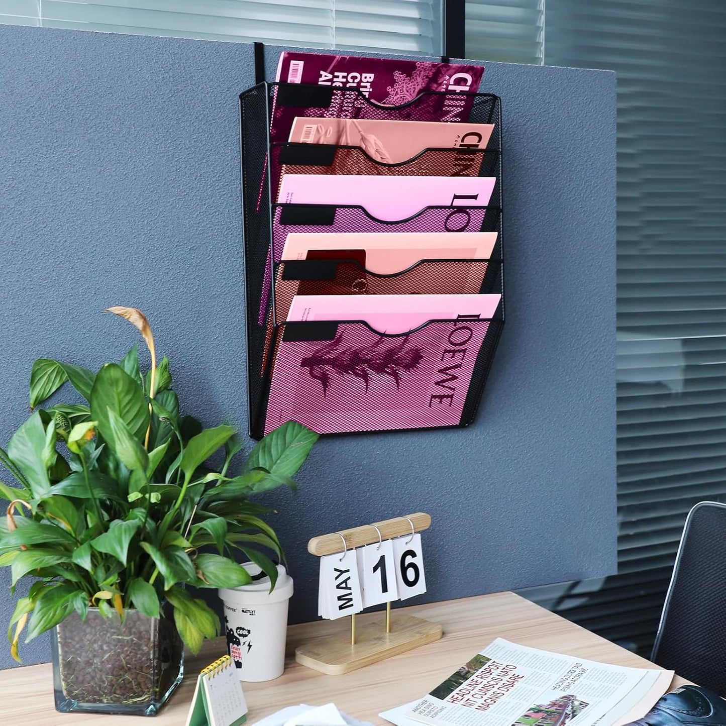 1 Pocket Mesh Wall File Holder Organizer Office Hanging File Folder Magazine Rack, Nametag Label Hooks Set Included (Black)