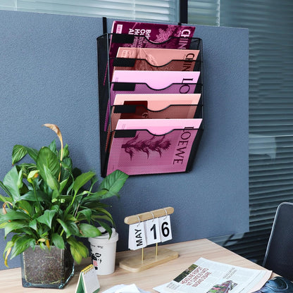 1 Pocket Mesh Wall File Holder Organizer Office Hanging File Folder Magazine Rack, Nametag Label Hooks Set Included (Black)