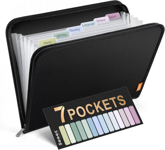 Sooez 13 Pocket Accordion File Organizer, Zipper Expanding File Folder Organizer, Reinforced Plastic Accordion Folder, A4 Letter Size, Portable Folders for Documents, Black