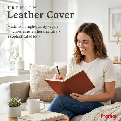 Promot Ruled Journal Notebook - A5 Brown 192 Lined Pages 8.2 x 5.5 Inch - Hardcover Leather Notebook for Writing - 100 GSM Thick Paper, PU Leather, Pen Loop, Inner Pocket, Elastic Band
