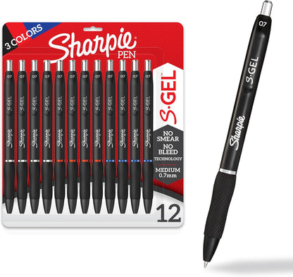 Sharpie S-Gel Gel Pens, Black Barrel, Medium Point (0.7mm), Assorted Ink Colors, 12 Count - Writing, Note-Taking, Journaling, School Supplies