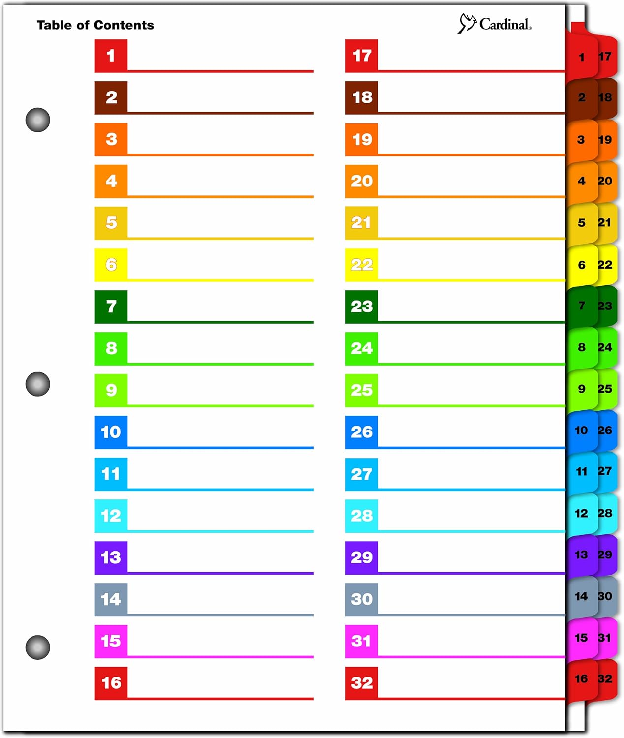Cardinal Binder Dividers, 24 Tabs, Numbered 1–24, Customizable Table of Contents Page, Reversible Multicolor Tabs, 3-Hole Punched for Binders