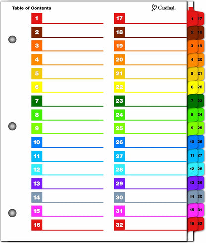 Cardinal Binder Dividers, 24 Tabs, Numbered 1–24, Customizable Table of Contents Page, Reversible Multicolor Tabs, 3-Hole Punched for Binders