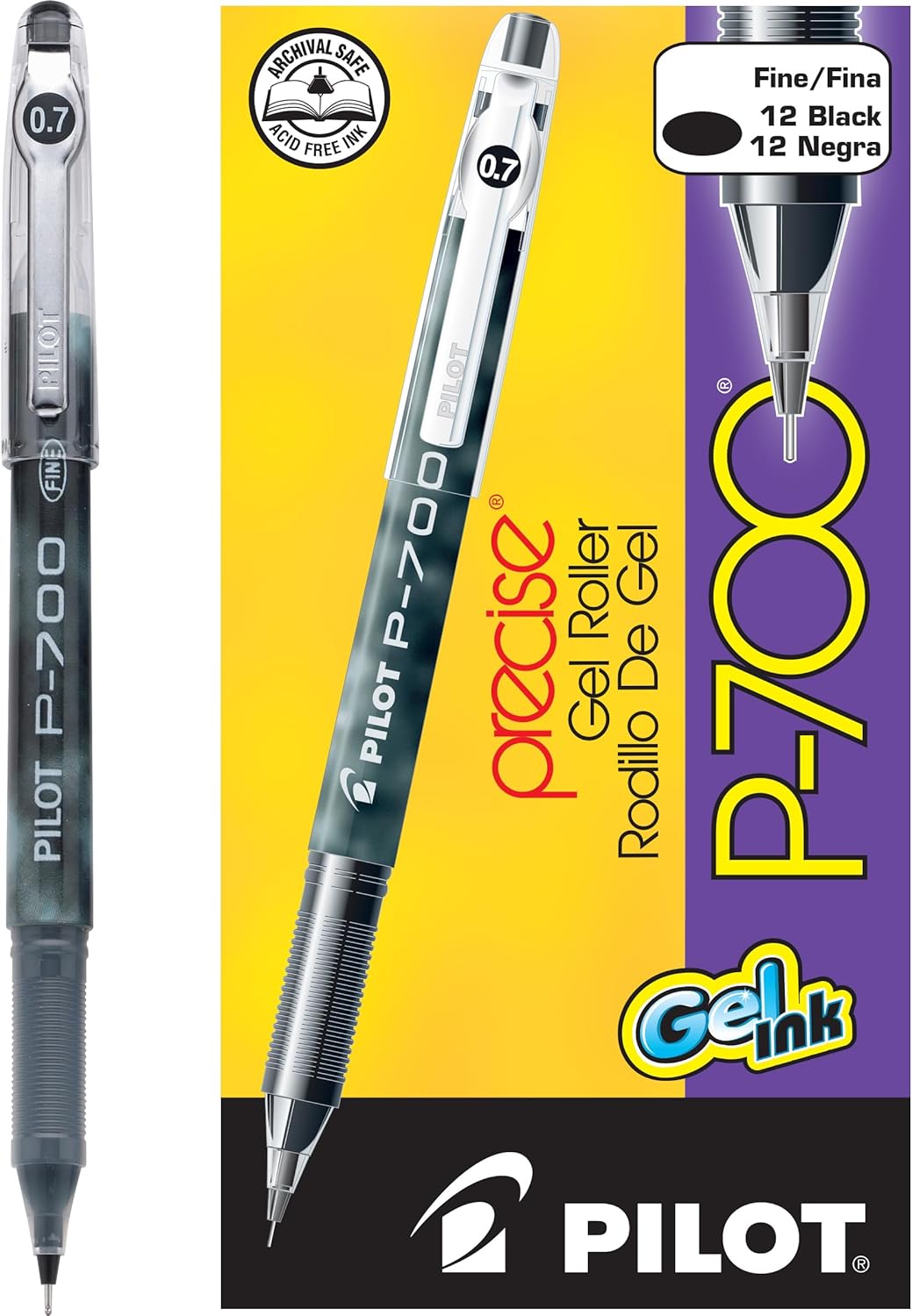 Pilot, Precise P-700 Gel Ink Rolling Ball Stick Pens, Fine Point 0.7 mm, Blue, Pack of 12