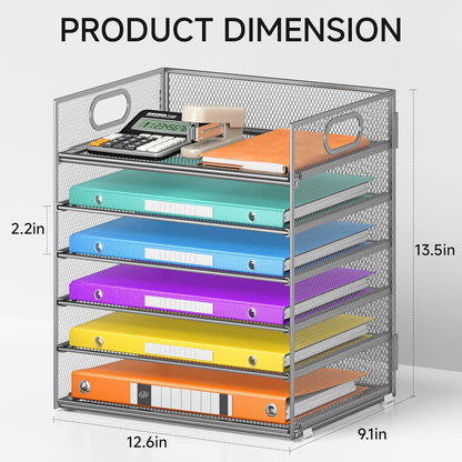 Lavatino 5 Tray Desk File Organizer, Black Mesh Paper Sorter Letter Tray Organizer with Handle, Desktop File Organizer and Storage for Letter/A4 Office File Folder