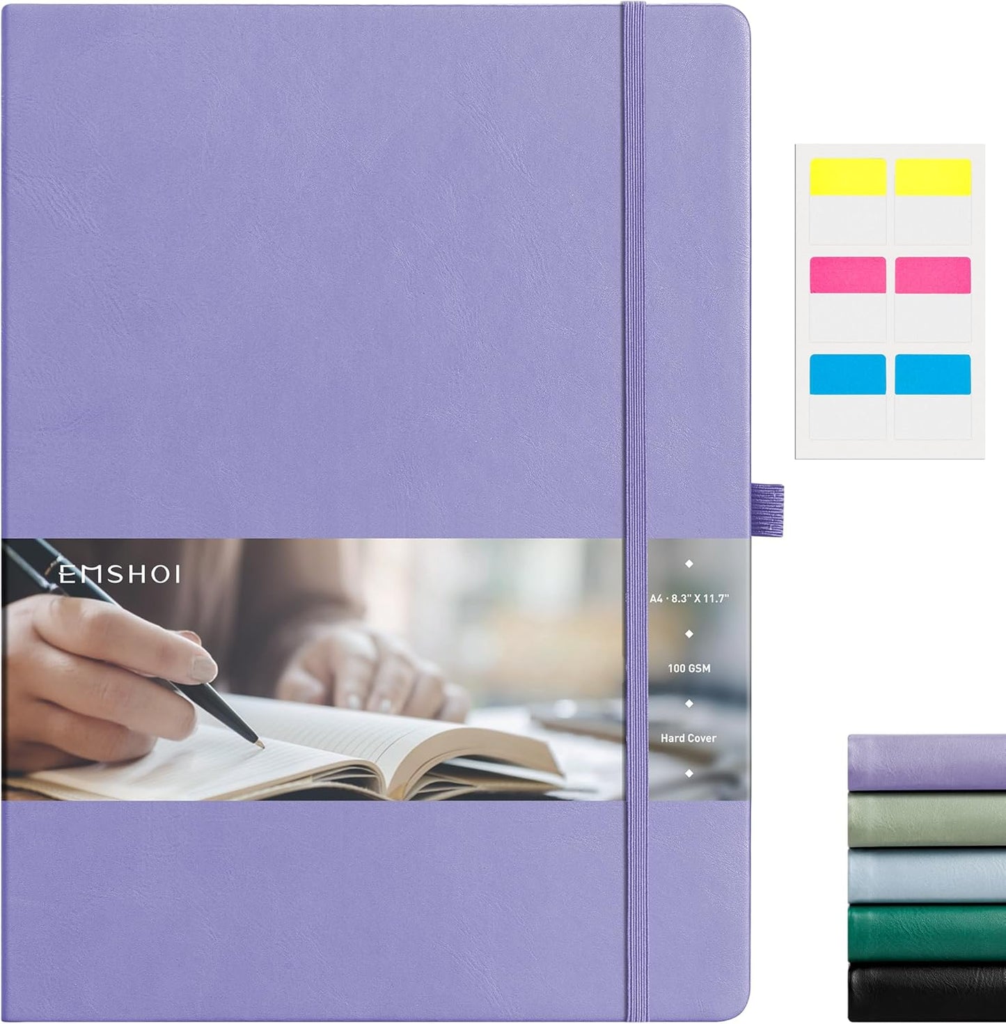 EMSHOI A4 College Ruled Notebook, Large 8.3" x 11.7", 192 Pages 100GSM Ink-Proof Faux Leather Hardcover Lay-Flat Lined Journal for Office School Work Writing, Black