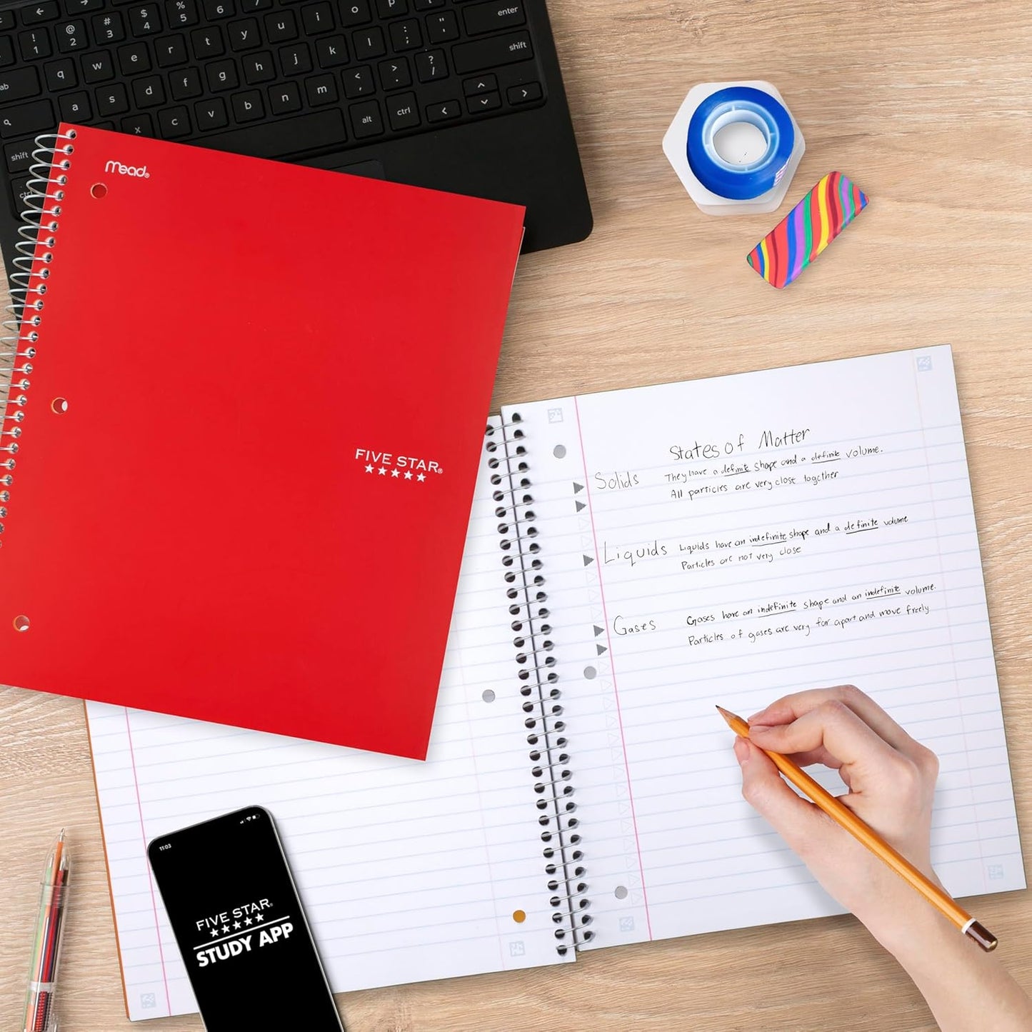 Five Star Spiral Notebook + Study App, 5 Subject, Wide Ruled Paper, 8" x 10-1/2", 200 Sheets, Fights Ink Bleed, Water Resistant Cover, Tidewater Blue (73196)
