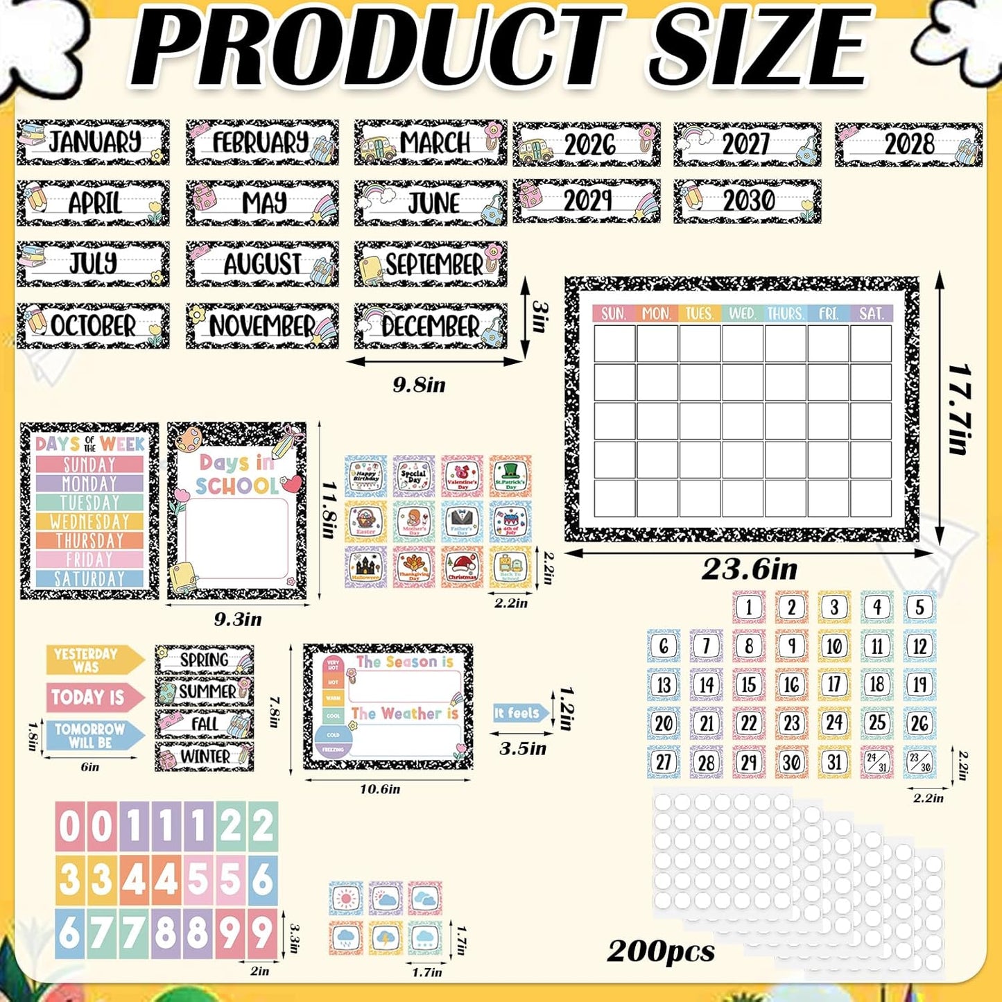 Whaline Composition Notebook Calender Bulletin Board Decorations Composition Classroom Calender Set with Chart Cutouts for Back to School Party Supplies