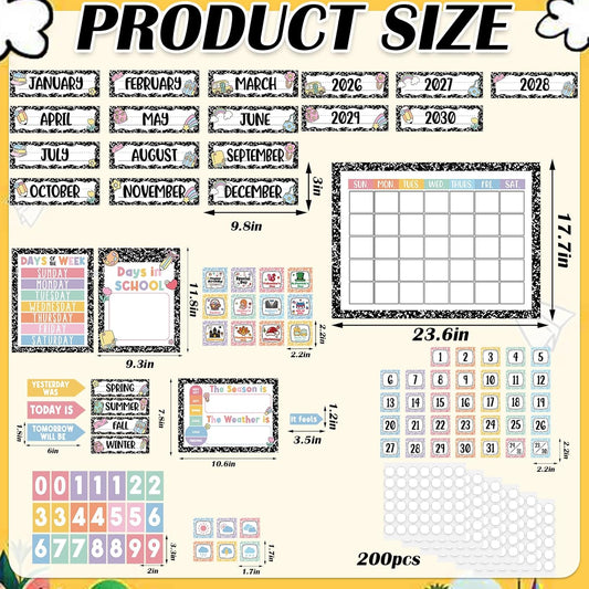 Whaline Composition Notebook Calender Bulletin Board Decorations Composition Classroom Calender Set with Chart Cutouts for Back to School Party Supplies