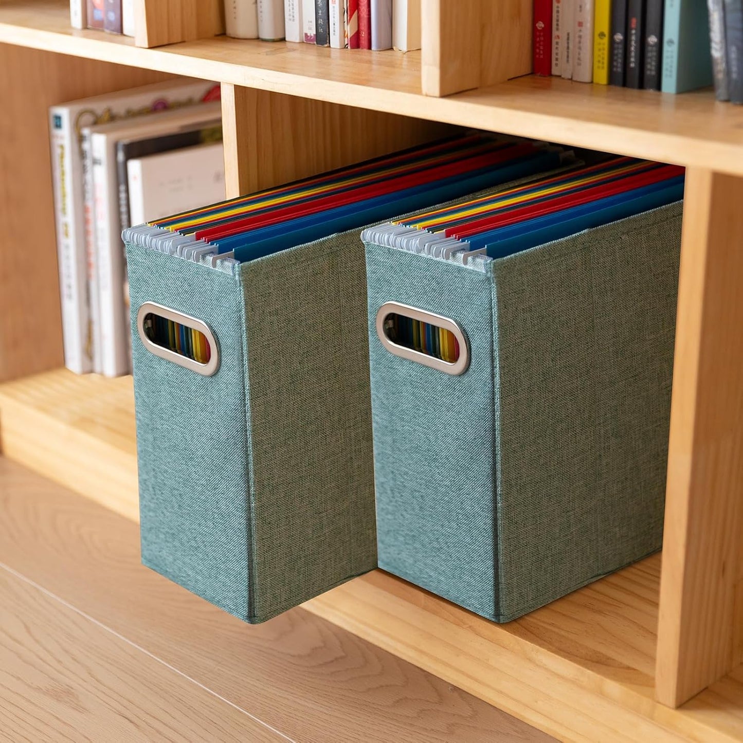 4 Packs Letter Size File Organizer, File Folders Organizer, Fabric Storage Box, Collapsible Paper Organizer with Metal Handle, Smooth PVC Rails, Only Box (Beige)