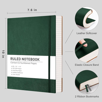 RETTACY Lined Journal Notebook, 2-Pack, 204 Numbered Pages per Pack, B5 Medium 7.6" × 10", Leather Softcover, 100 GSM Thick Paper, for Writing, Work, School (Black & Dark Green)