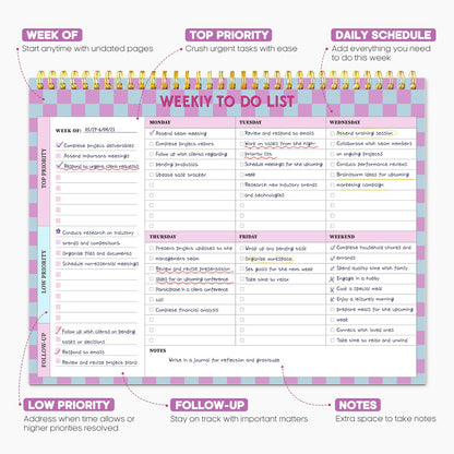 Taja Weekly To Do List Notepad with 52 Undated Sheets（8.5"×11"）- Weekly Desk Planner for Women & Man, Work and Home -1 Pack Violet Dream