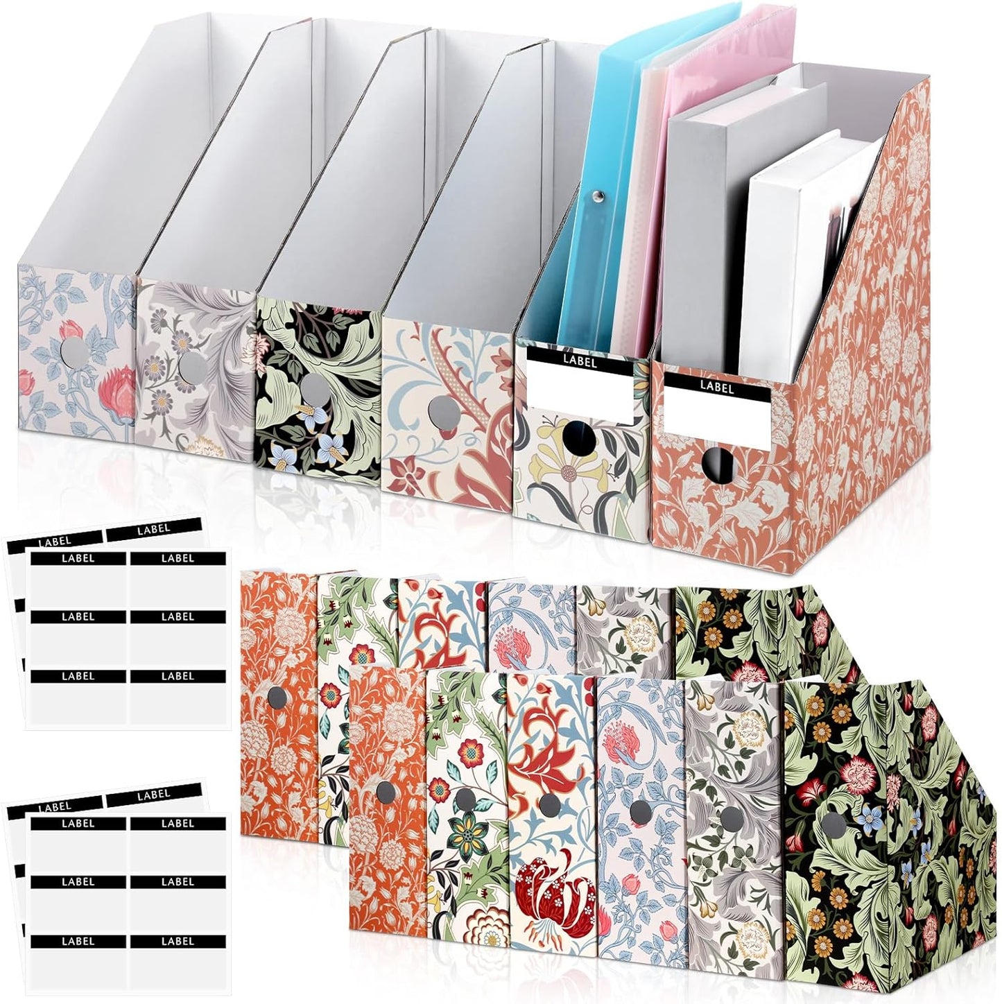PerKoop 6 Pcs Decorative Magazine File Holders Floral Foldable File Folders Magazine Storage Boxes Rack Desk Organizer Documents with Printable Labels for School Office Home (Floral)