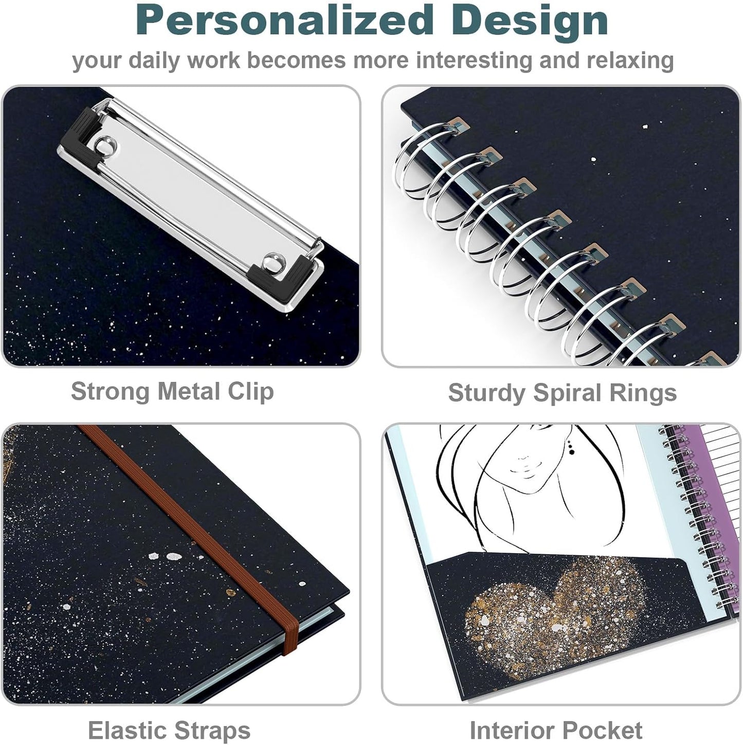 Hongri Clipboard Folio with Refillable Lined Notepad, 8.5 x 11 Folders with Storage 10 Pockets, Spiral Portfolio, Size 12.8X 9.7 in, Office & School Supplies, Skeleton