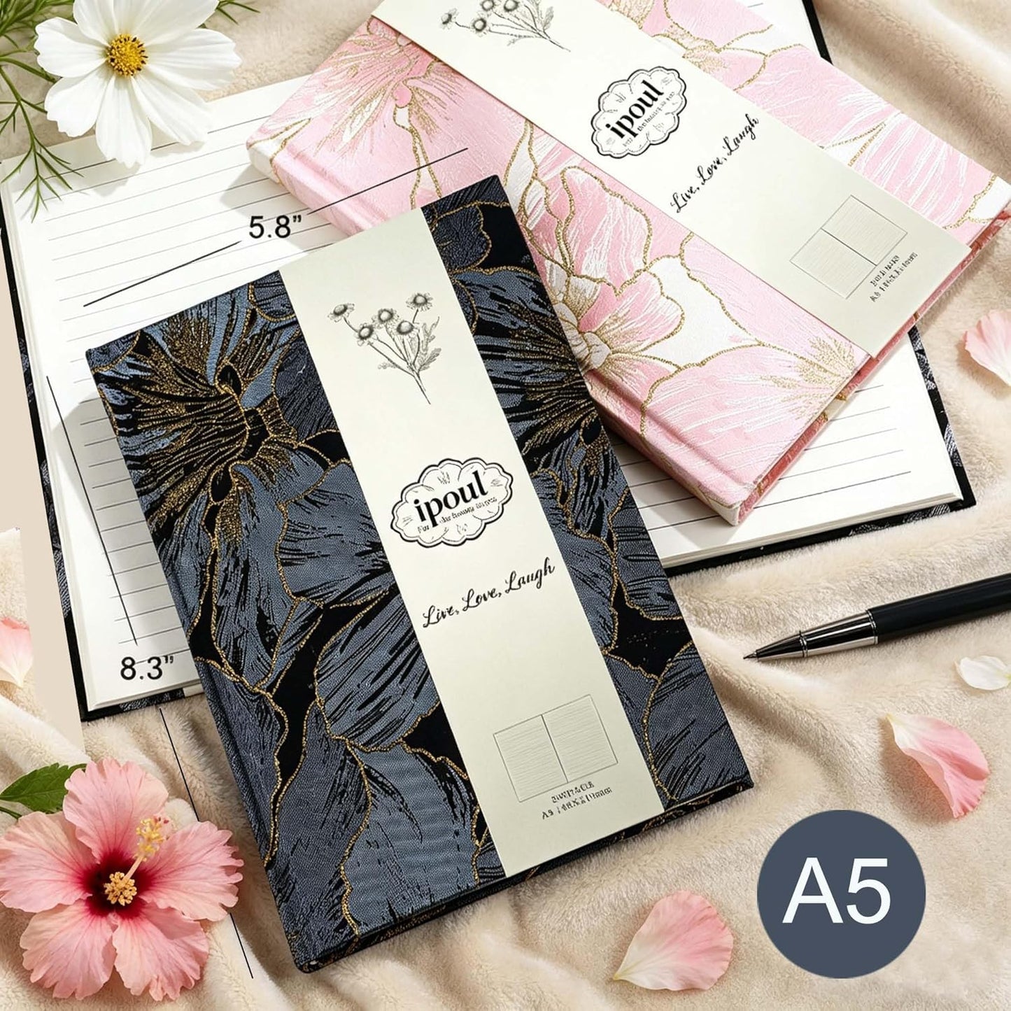 ipoul Flower Notebook, A5, 6x8, Hardcover, Lay Flat, Lined Paper, Journal for Women, Writing Notebook, Pretty, Hibiscus, Pink, Birthday Gifts for Women, Wedding Shower Gifts, Mothers Day Gift
