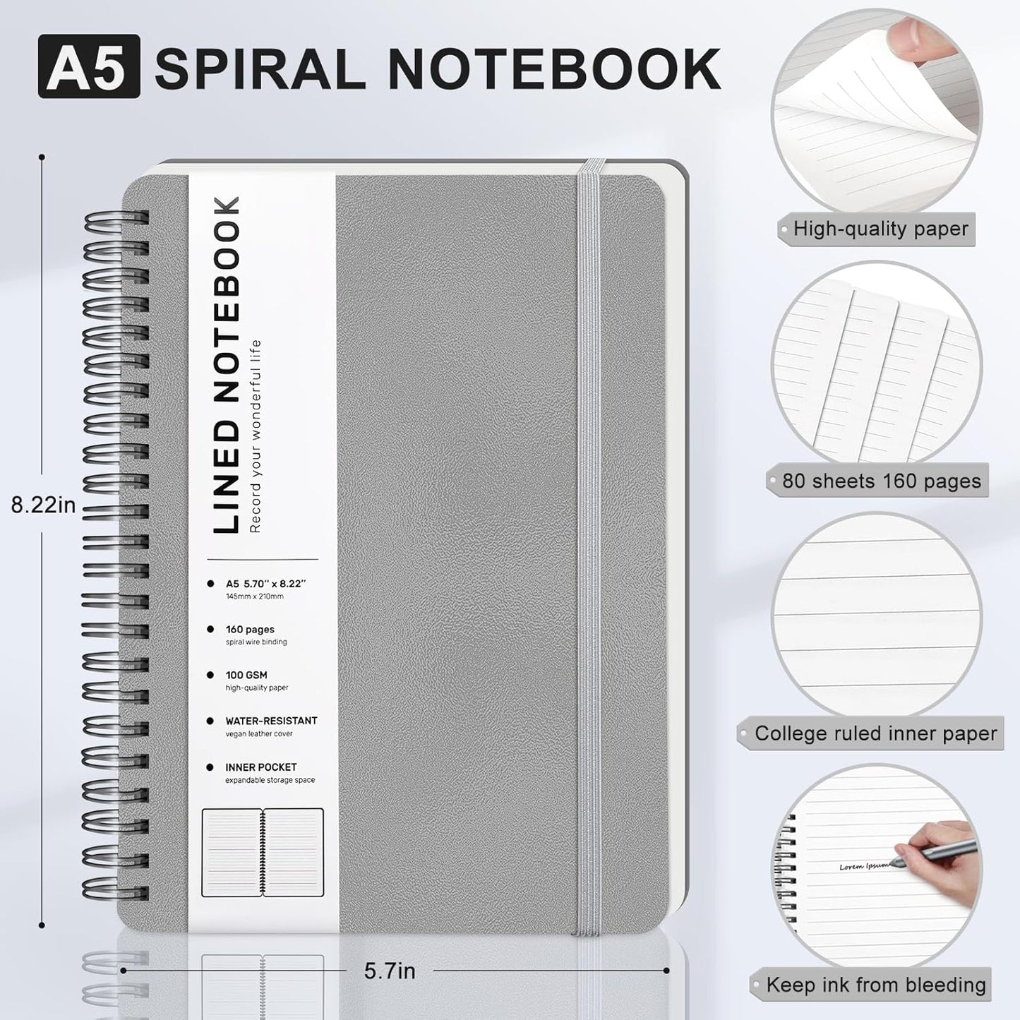 ABERLLS Lined Spiral Journal Notebook with 160 Pages, 8×5.7in, A5 Spiral Notebook, Journaling Notebooks for Work, School, Women, Men, College Ruled Spiral Notebook, Hardcover Leather Journals, Blue