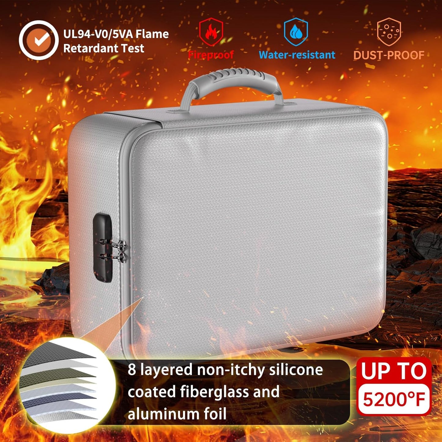 DocSafe 5200°F Document Organizer with Lock, Upgraded Heat Insulated Fireproof＆Water-Resistant Box 8 Layers File Organizer, Portable Home Travel Safe Storage for Important Documents and More