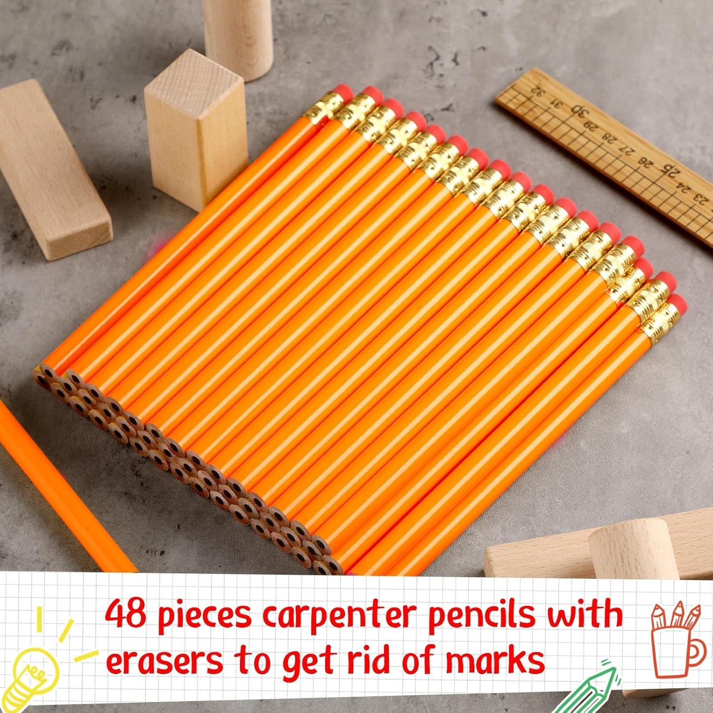 Fainne 48 Pcs Jumbo Pencil, Wooden Pencil with Black Core for Carpenters Construction Workers Woodworkers Framers Beginners Students Teachers DIY Project(Yellow,Round)