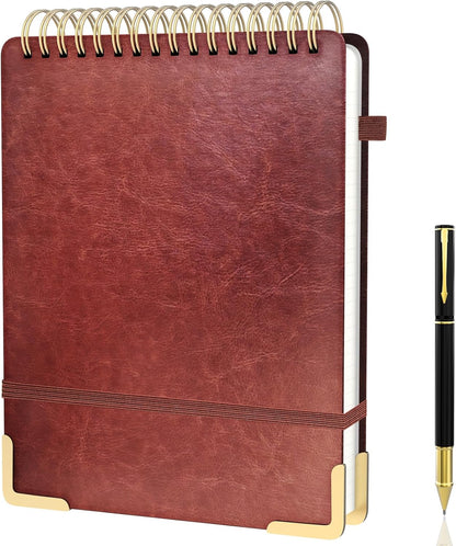 A5 Top Spiral Notebook, Large Leather Hardcover Top Bound Steno Pads, 240 Pages 100 gsm Thick Lined Paper Left Handed Notebook Journal for Work, School, Meeting Writing - Brown, 5.9" x 8.5"