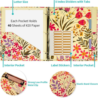 Binditek 3 Ring Binder 1 Inch, Letter Size, Binder Organizer with 5-Tab Dividers, 2 Interior Pockets, Low Profile Clip Cover, Label Stickers, 175 Sheet Capacity, Floral, 1 Pack