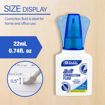BAZIC Products Correction Liquid 2 in 1 (0.74 oz / 22 ml), Foam Brush & Precise Metal Tip Applicator, Instant Corrections Pen White Out Wipe Out Fluid, 1-Pack