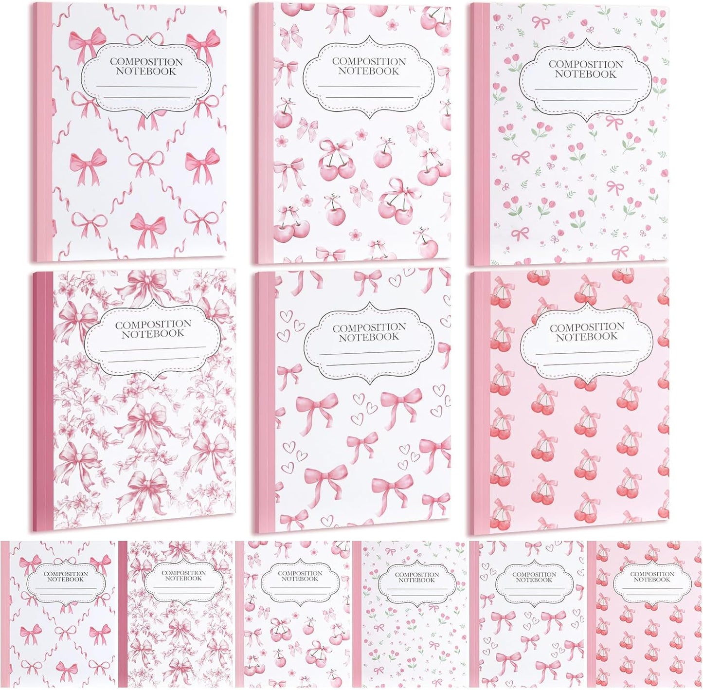 Fullhawl 6 Pcs Bow Composition Notebooks, Preppy Coquette Notebook College Ruled Journal, 110 Page, Cute Back to School Gift for Teacher, Student, First Day of Schooll(Pink,9-3/4 x 7-1/2")