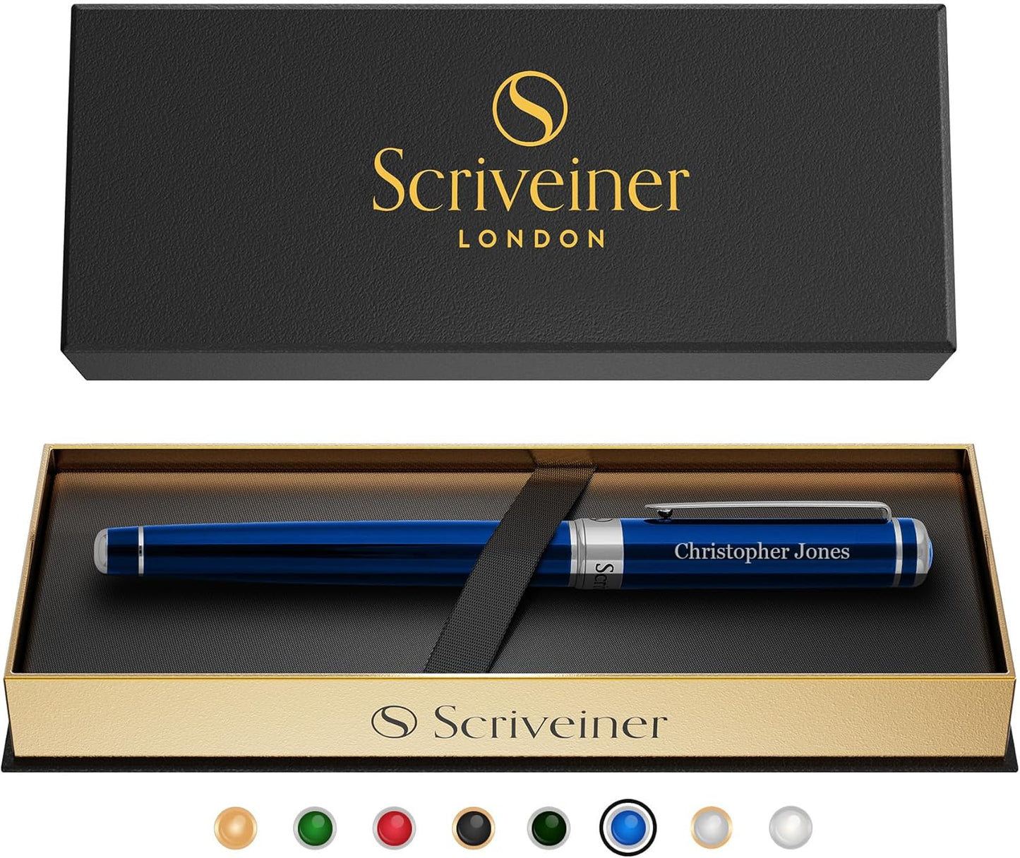 Scriveiner Midnight Blue Rollerball Pen - Stunning Blue Lacquer Luxury Pen, Chrome Finish, Schmidt Ink Refills, Men & Women, Professional, Executive Office, Nice Pen