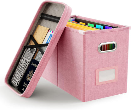 Oterri File Organizer Box with Lid, Hanging Filing File Box with Mesh Pocket, Document Organizer Box for Letter Files, Portable Storage Box with Smooth Sliding Rail for Office&Home (1 PCS, Beige)
