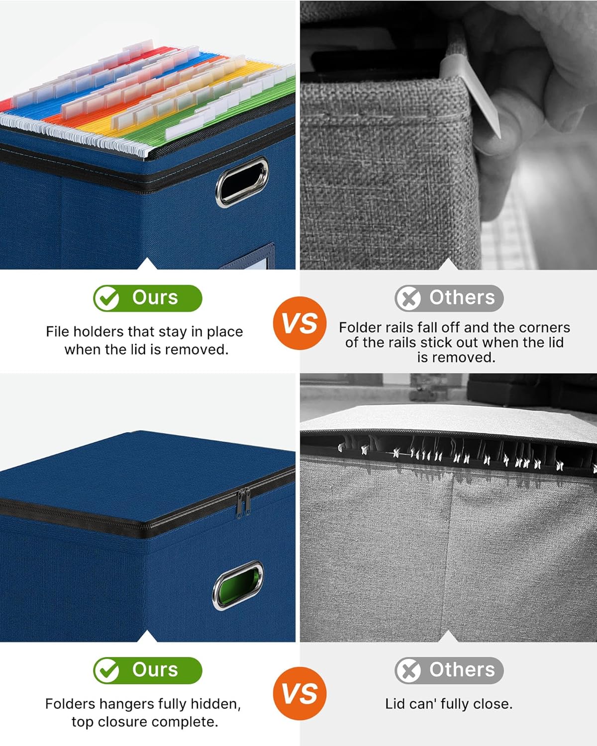 Oterri 2 Pack File Organizer Boxes with Lids, File Box with Mesh Pockets, Document Organizer Box for File Folders Letter Size, Zippers Filing Box for Home, Office, School (Green, Without Folders)