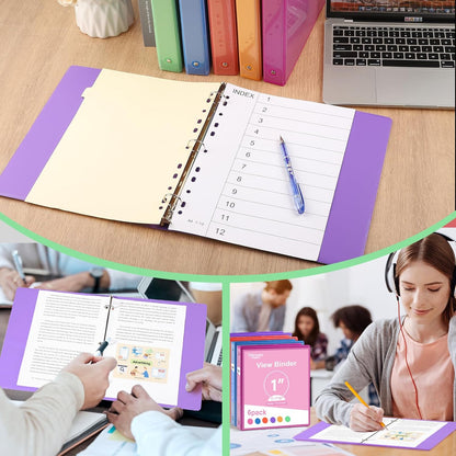 3 Ring Binder - 6 Pack, 1 Inch Binder with 2 Interior Pockets & Clear View Overlay, Large Capacity, Round Ring Binders for Office Supplies, School & Home (6 Colors)