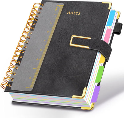 Hardcover Spiral Notebook College Ruled, 8"x10" Leather Journal Notebook with Magnetic Closure, 300 Pages 5 Subject Notebook with Dividers Tabs Journal for Women Men, Work, School(Rose Red)