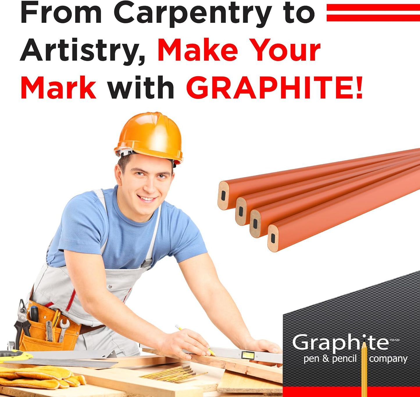 GRAPHITE Hard Lead Carpenter Pencils Bulk - (1) Pack of 12 Pieces Lumber Wooden Pencil #2 (HB) - Red