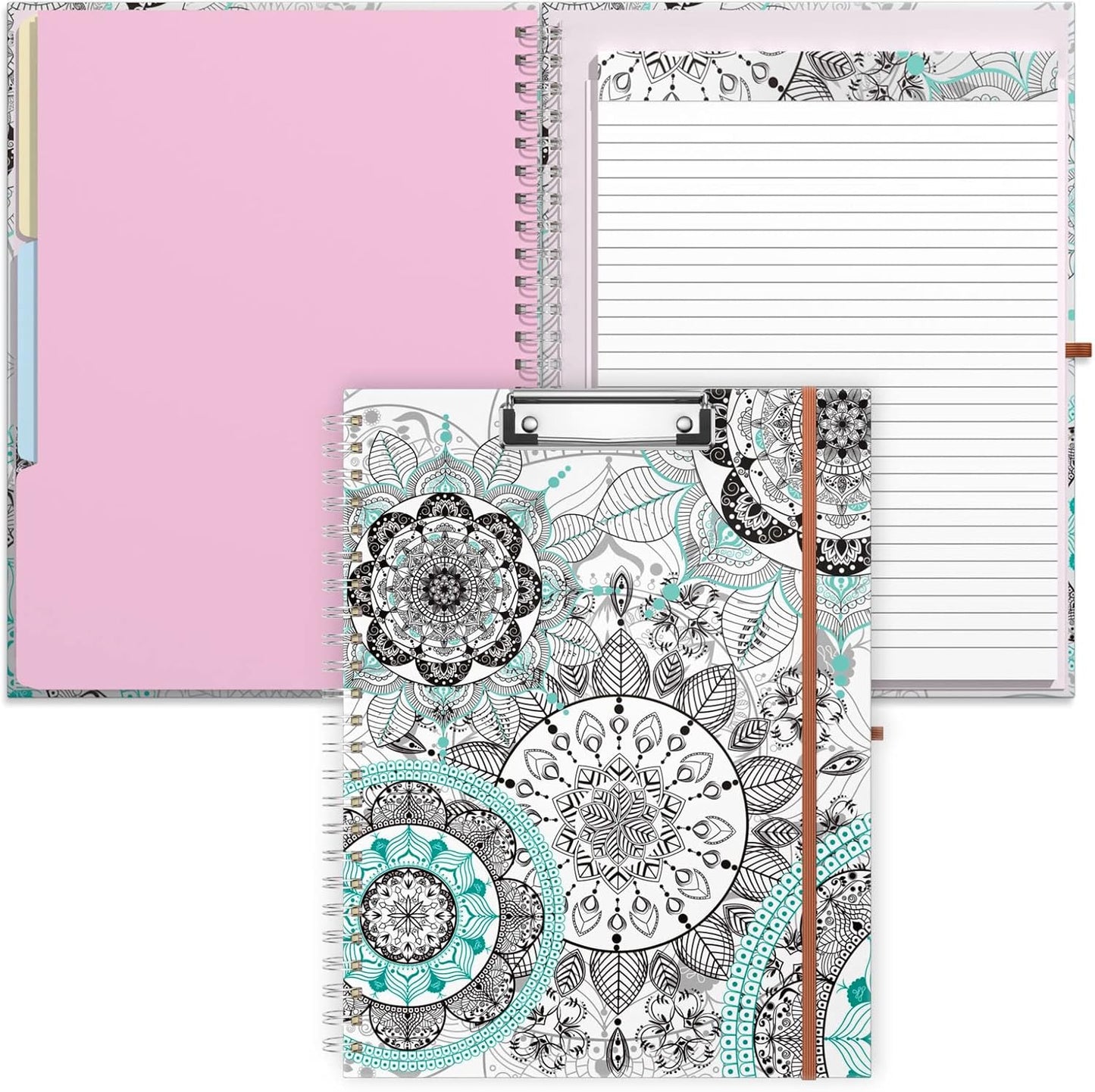 Rimilak Spiral Clipboards Folio with Refillable Lined Notepad, 14.5 x 9.8 In, Hardcover Cover with 5 Interior Pockets, Elastic Band and Pen Loop Series. Cute Stylish Clipfolio, Daisy Flower