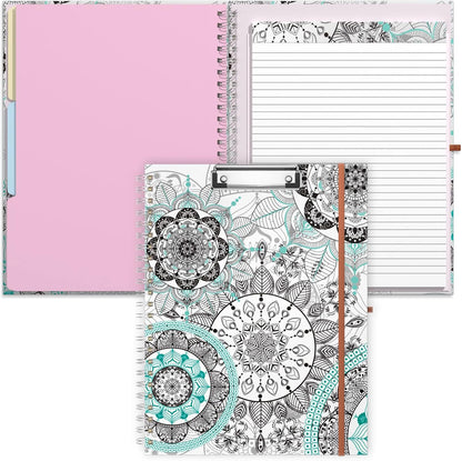 Rimilak Spiral Clipboards Folio with Refillable Lined Notepad, 14.5 x 9.8 In, Hardcover Cover with 5 Interior Pockets, Elastic Band and Pen Loop Series. Cute Stylish Clipfolio, Daisy Flower