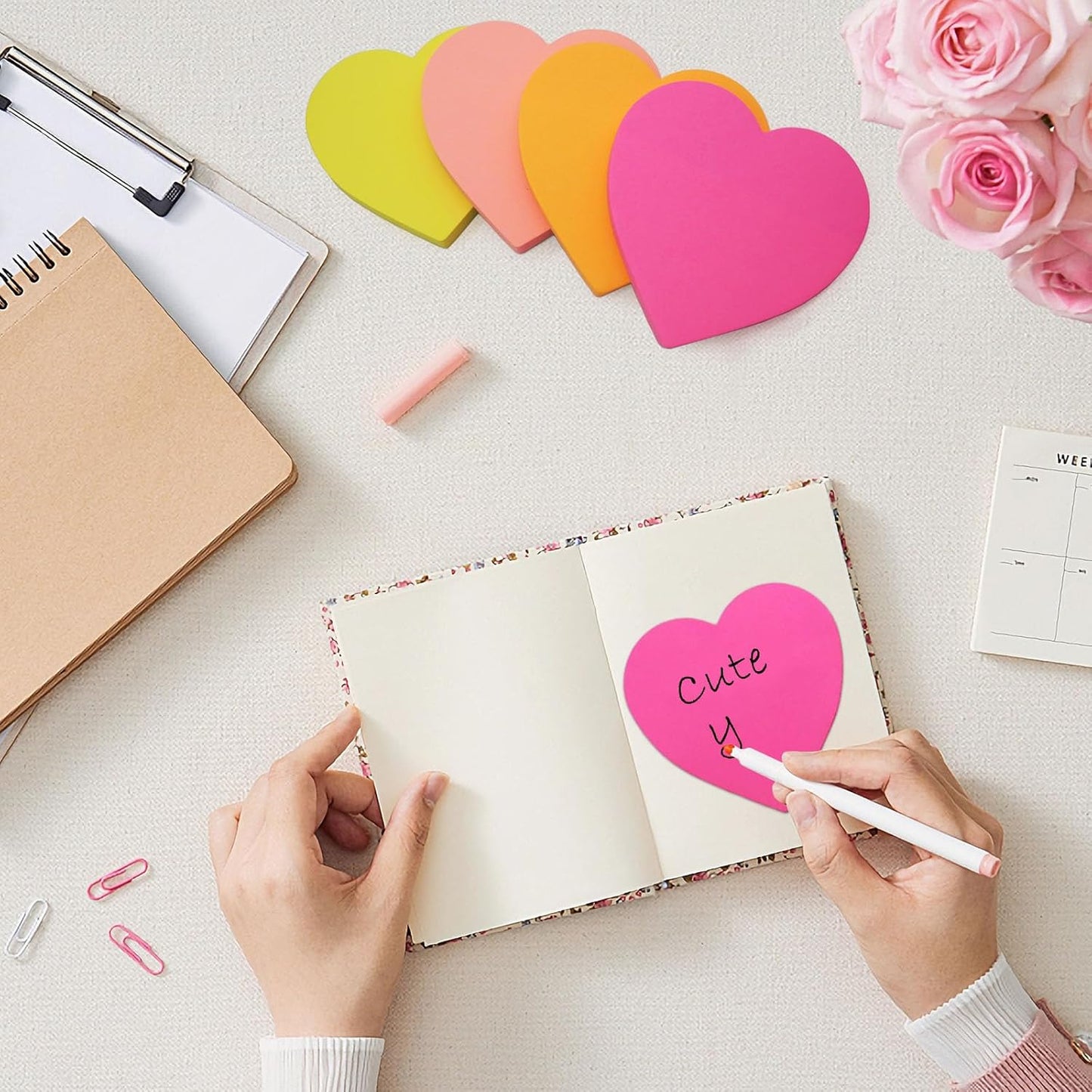 9 Pads Heart Sticky Notes 3x3 in, Super Cute Bright Color Heart Shaped Sticky Notes Strong Adhesive Post, Clean Removal, 82 Sheets/Pad