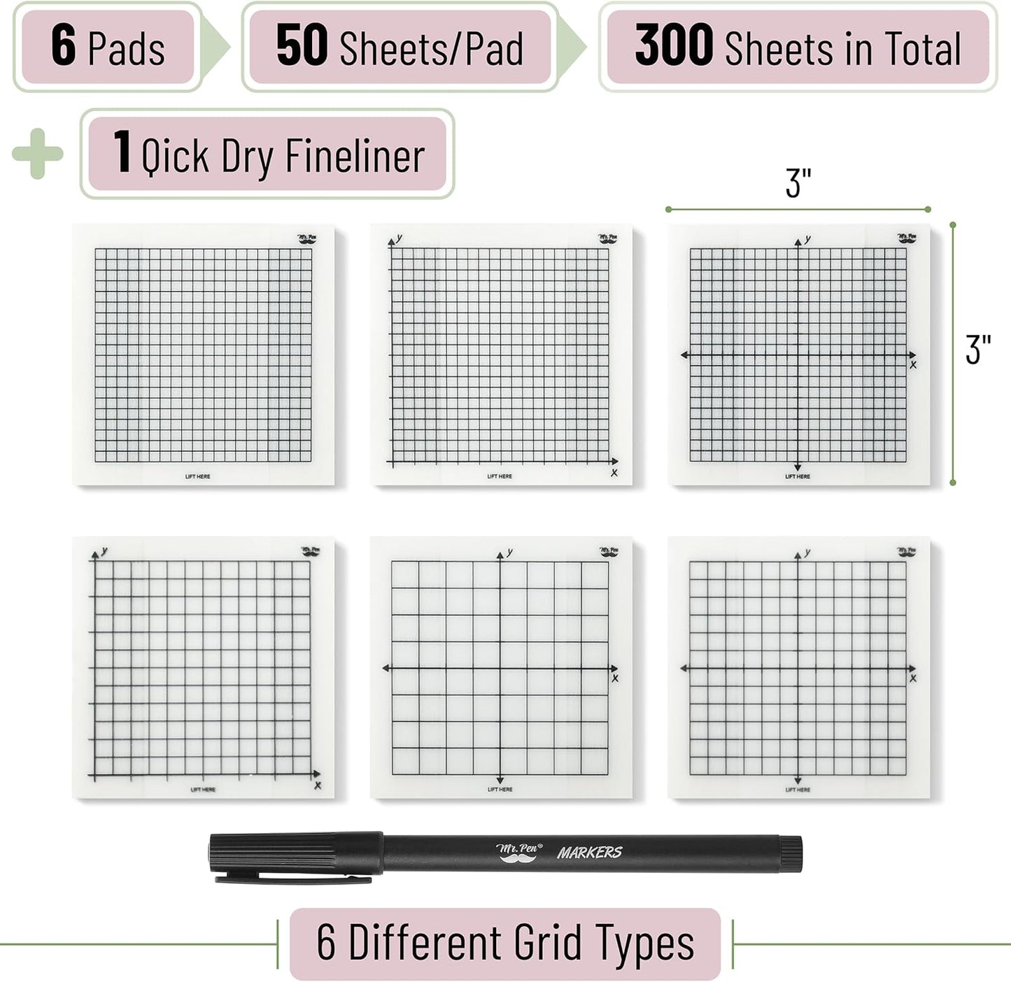 Mr. Pen- Transparent Graph Sticky Notes, 3x3 Inch, 6 Pads, 50 Sheets/Pad, 6 Grid Designs, Square Graph Paper Notes & Fineliner, Waterproof Grid Sticky Note Pads for Math, Study, Journals, Planners