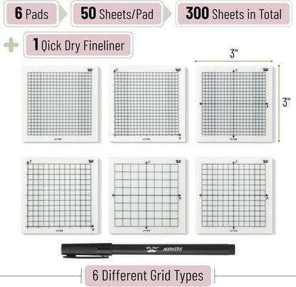 Mr. Pen- Transparent Graph Sticky Notes, 3x3 Inch, 6 Pads, 50 Sheets/Pad, 6 Grid Designs, Square Graph Paper Notes & Fineliner, Waterproof Grid Sticky Note Pads for Math, Study, Journals, Planners