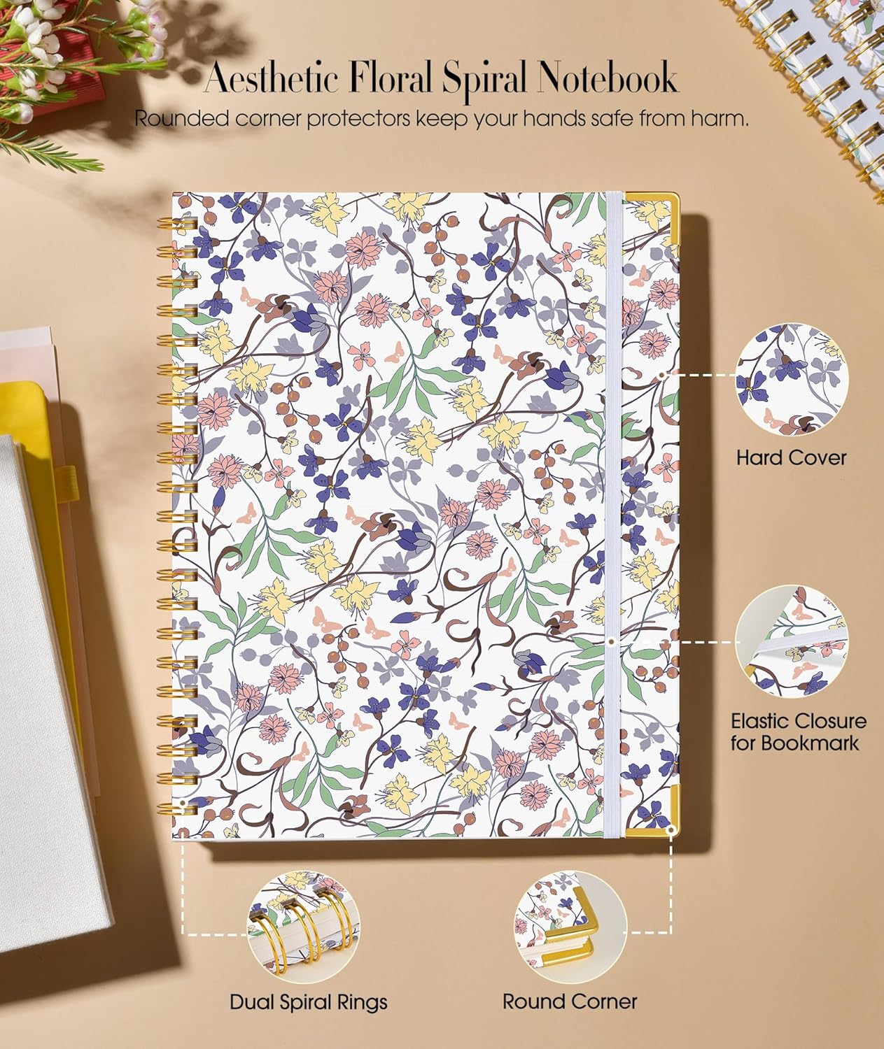 Cute Spiral Notebook Journal for Women, 200 Pages Lined Notebooks 8.5” x 11”, A4 Large Hardcover Spiral Journals with 100 GSM Thick Paper, College Ruled Notebook for Writing Work School, Orange Floral