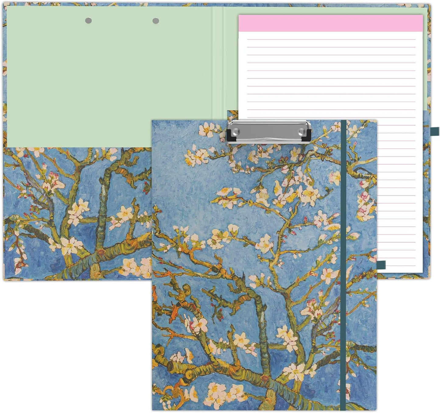 A4 Cute Clipboard Folio with Notepad Clipfolio and Interior Storage, Foldable Nursing Legal Size Clipboards for Work/Kids/Teachers - Almond Tree