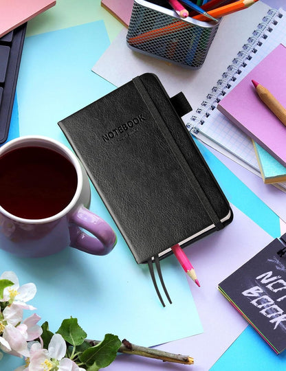 AISBUGUR Pocket Notebook Small Notebook 2-Pack, 3.7" x 5.7" Pocket Notebooks Hardcover with Thick Lined Paper, Inner Pockets, Cover Letter Embossing Design Mini Journal Notepad Black+Brown