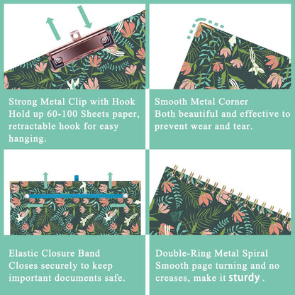 HAUTOCO Clipboard Folio with Refillable Notepad for Letter Size (11" x 8.5"), 5 Dividers with 10 Pockets, Elastic Pen Holder and File Folder Labels, Spiral Nurse Clipboard Artboard(Green)