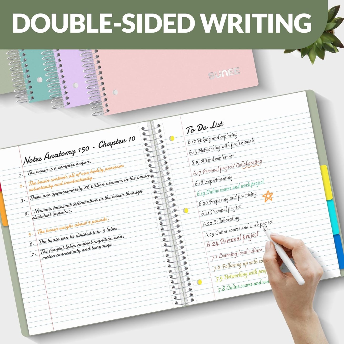 SUNEE 5 Subject Graph Paper Notebook - 400 Pages, 9"x11", 4x4 Graph Ruled Notebook, 5 Pocket Colored Dividers, 3-Hole Punched Paper, Black