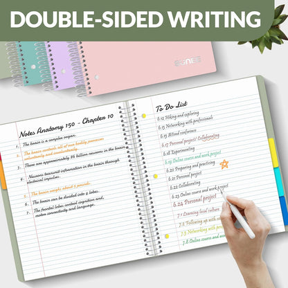 SUNEE 5 Subject Graph Paper Notebook - 400 Pages, 9"x11", 4x4 Graph Ruled Notebook, 5 Pocket Colored Dividers, 3-Hole Punched Paper, Black