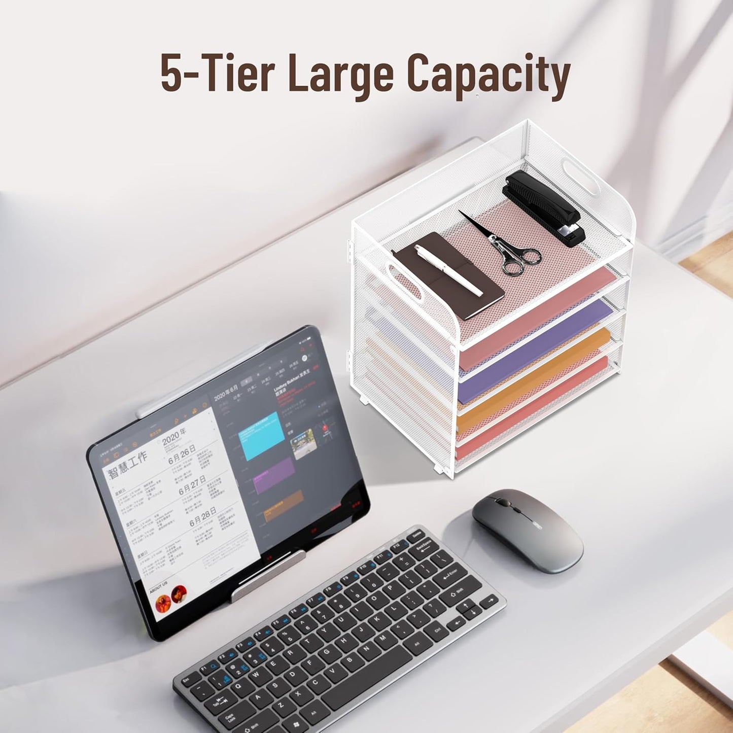Supeasy 5 Trays Paper Organizer Letter Tray with Handle-Mesh Desk File Holders, Paper Sorter Desk Organizer for Office, Home, Classroom or School