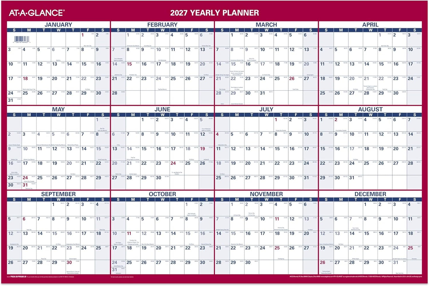 AT-A-GLANCE 2026 Erasable Calendar, Dry Erase Wall Planner, 12" x 16", Small, Vertical-Horizontal, Reversible, Compact (PM330B2826)